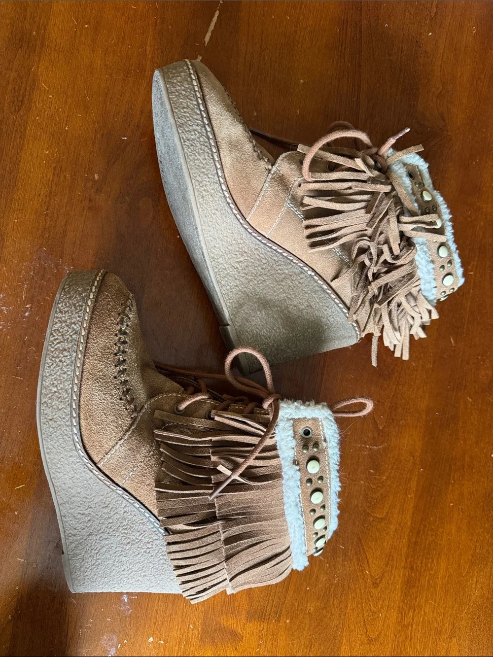 Sam Edelman Fringe Wedge Ankle Boots - Tan